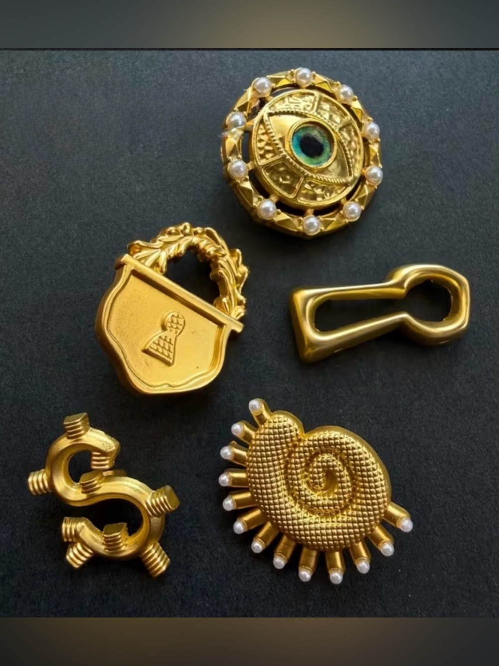 Schiaparelli Inspired Gold-tone Decorative Buttons with Pearl Accents - Set of 5